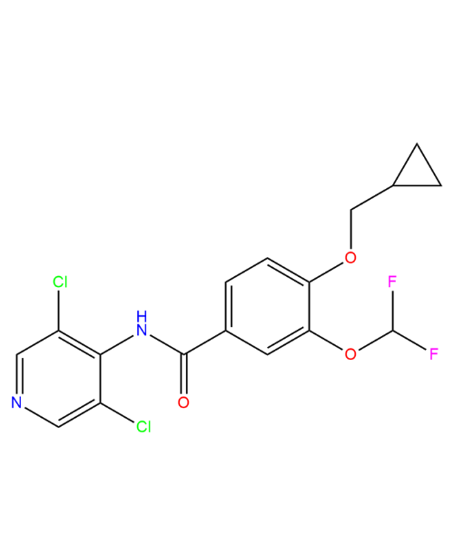 Chemical structure of 4-(cyclopropylmethoxy)-N-(3,5-dichloropyridin-4-yl)-3-(difluoromethoxy) benzamide