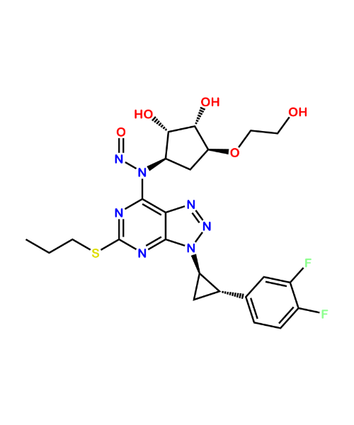 Chemical structure of N-(3-((1R,2S)-2-(3,4-difluorophenyl)cyclopropyl)-5-(propylthio)-3H-[1,2,3]triazolo [4 ,5-d]pyrimidin-7-yl)-N-((1R,2S,3S,4S)-2,3-dihydroxy -4-(2-hydroxy ethoxy)cyclopentyl)nitrous amide